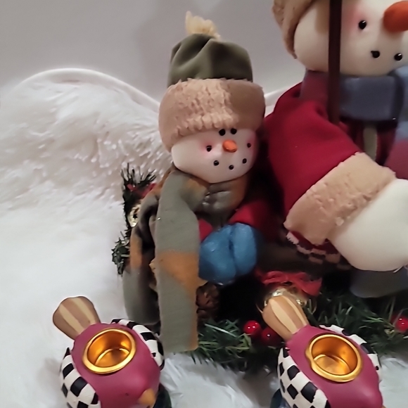 Vintage Fabric Snowman Family Centerpiece With Bird Candle Holders, 13" Tall New - Picture 3 of 8